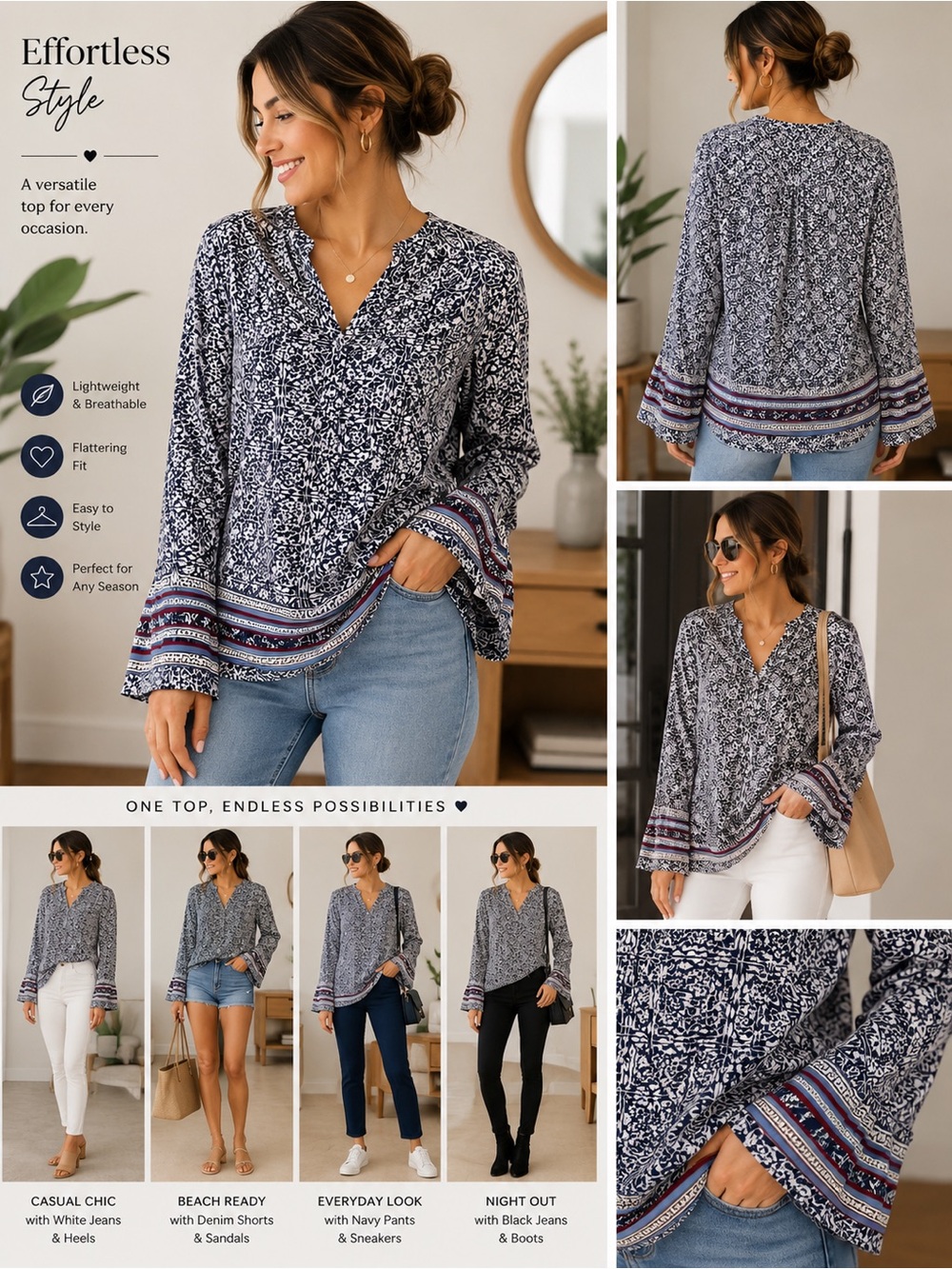 Cato Navy Floral V-Neck Bell Sleeve Blouse